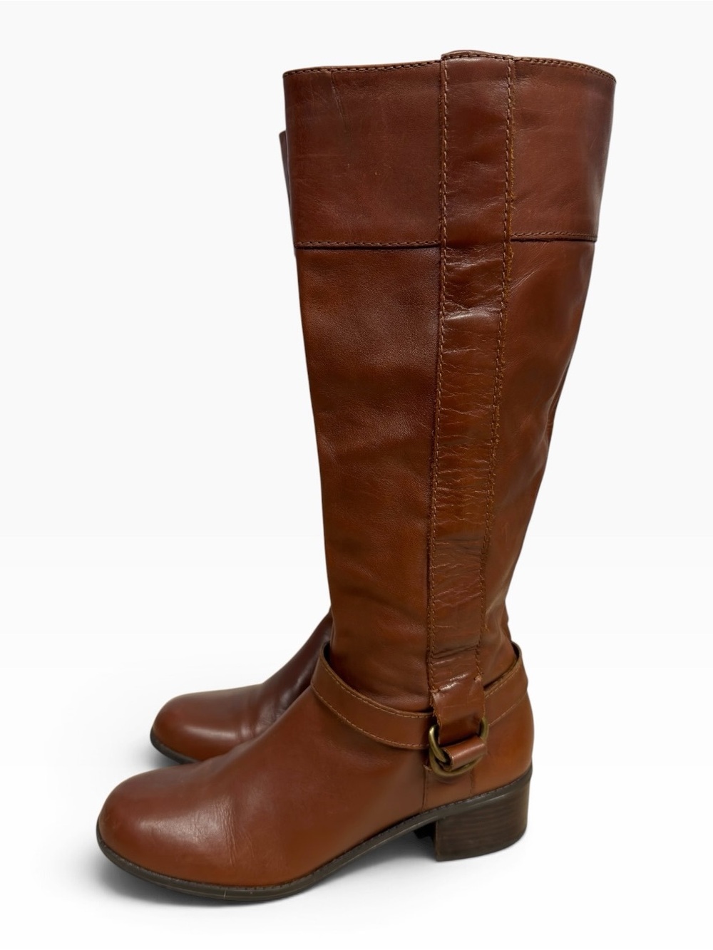 Bandolino Codi Cognac Brown Leather Knee High Riding Boots Buckle Womens 8.5 - Picture 2 of 12